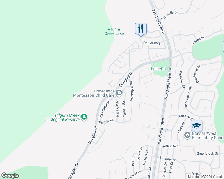 map of restaurants, bars, coffee shops, grocery stores, and more near 5107 Weymouth Way in Oceanside