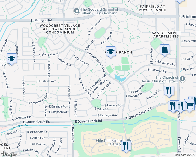 map of restaurants, bars, coffee shops, grocery stores, and more near 4470 South Lariat Court in Gilbert