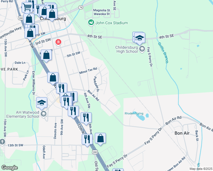 map of restaurants, bars, coffee shops, grocery stores, and more near 98 Crestview Street in Childersburg