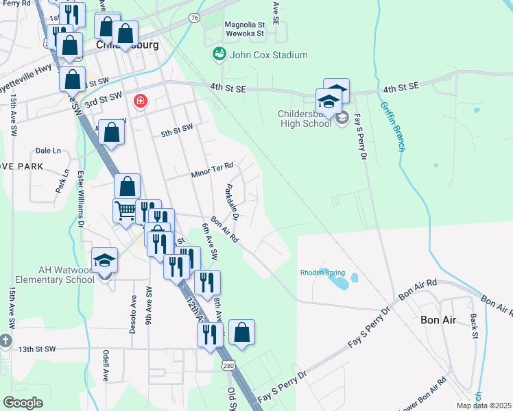 map of restaurants, bars, coffee shops, grocery stores, and more near 96 Crestview Street in Childersburg
