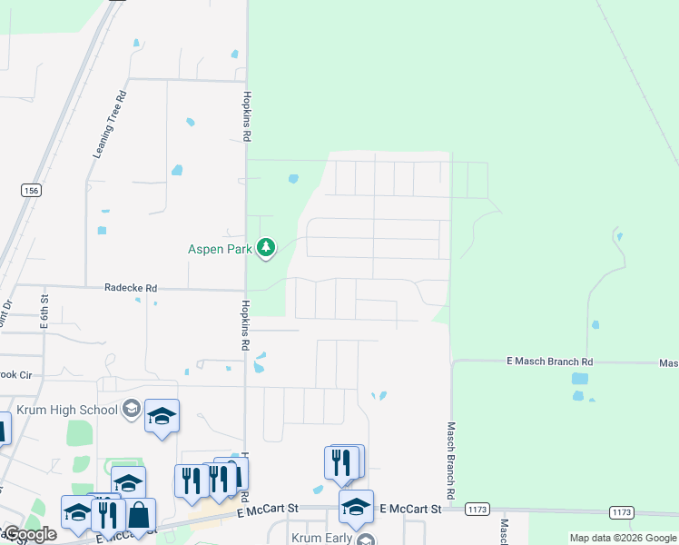 map of restaurants, bars, coffee shops, grocery stores, and more near 5120 Mountain View Drive in Krum