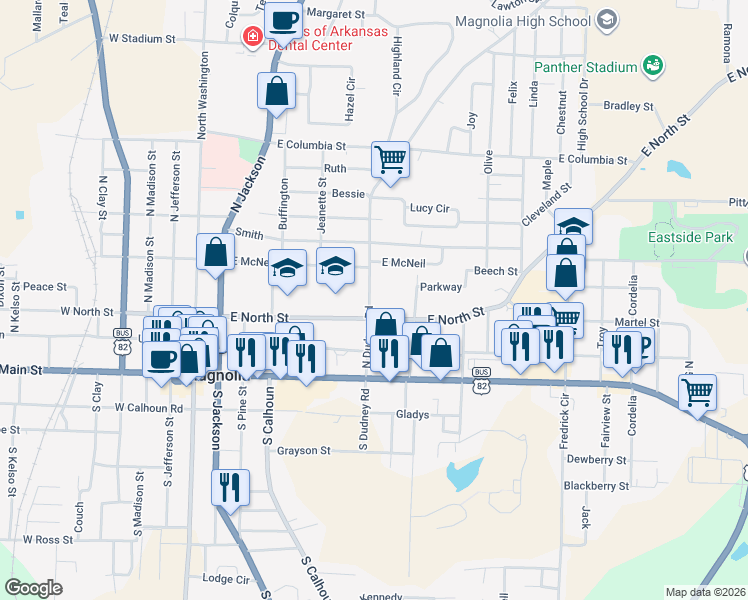 map of restaurants, bars, coffee shops, grocery stores, and more near 400 South Dudney Road in Magnolia