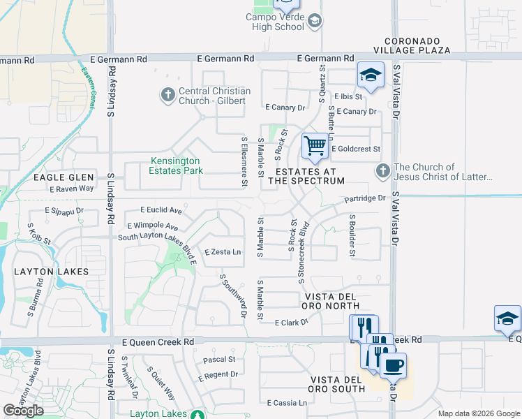 map of restaurants, bars, coffee shops, grocery stores, and more near 1228 Macaw Drive in Gilbert