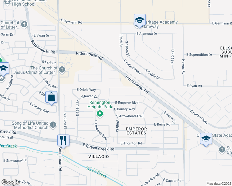 map of restaurants, bars, coffee shops, grocery stores, and more near 19608 East Raven Drive in Queen Creek