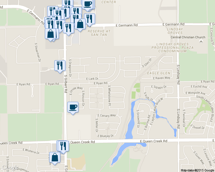 map of restaurants, bars, coffee shops, grocery stores, and more near 2528 South Whetstone Place in Chandler