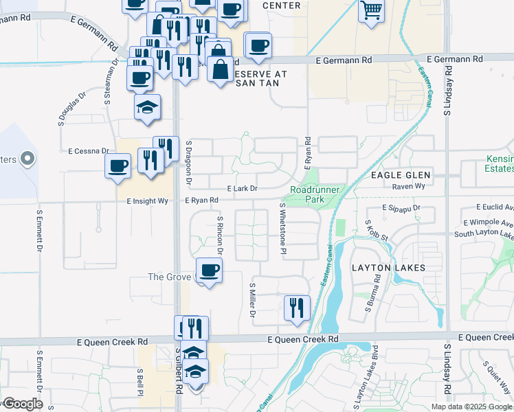 map of restaurants, bars, coffee shops, grocery stores, and more near 3262 East Oriole Way in Chandler