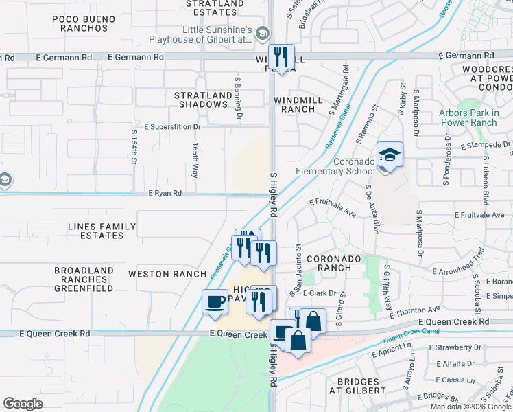 map of restaurants, bars, coffee shops, grocery stores, and more near 3126 East Fruitvale Avenue in Gilbert