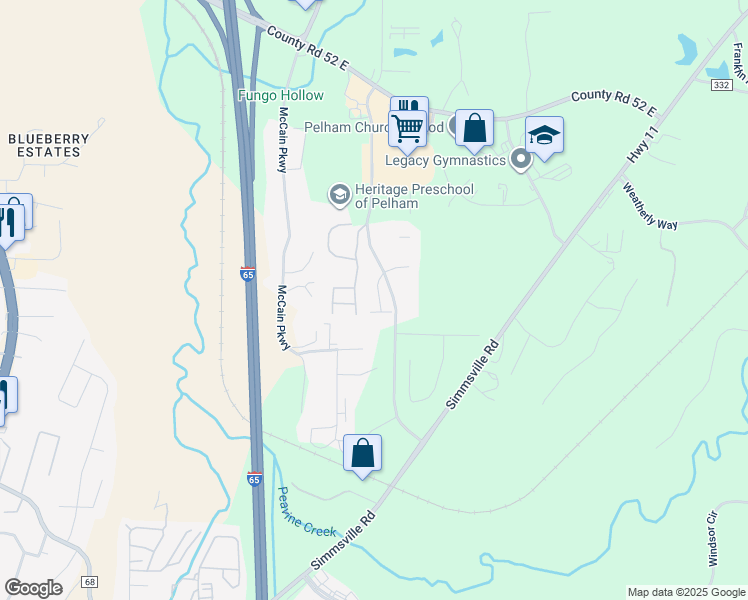map of restaurants, bars, coffee shops, grocery stores, and more near Huntley Apartment Drive in Pelham