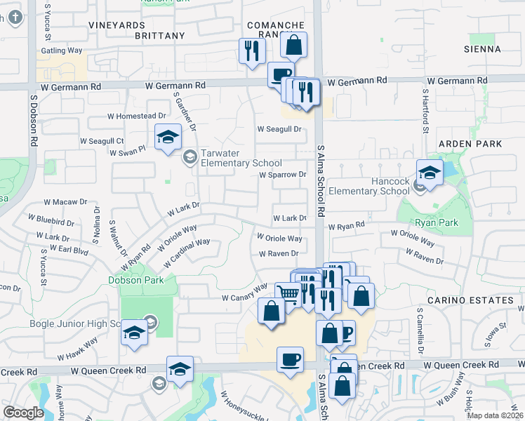 map of restaurants, bars, coffee shops, grocery stores, and more near 2441 South Comanche Drive in Chandler