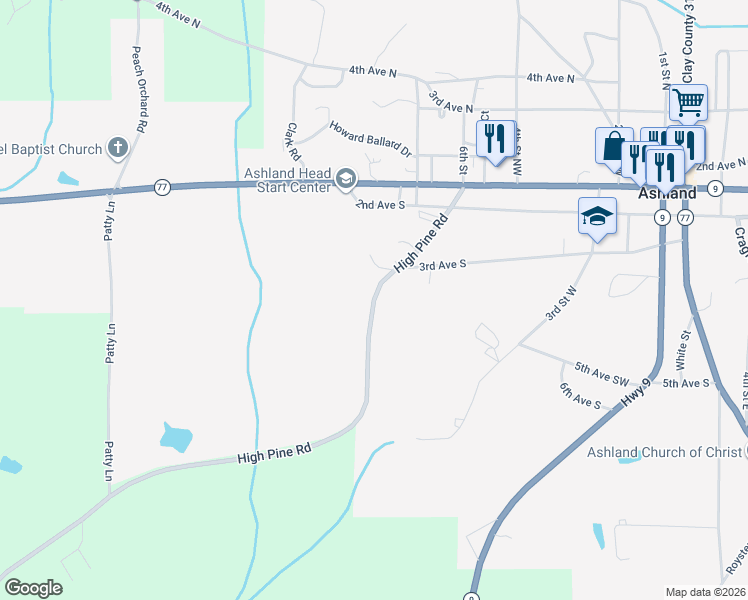 map of restaurants, bars, coffee shops, grocery stores, and more near High Pine Road in Ashland