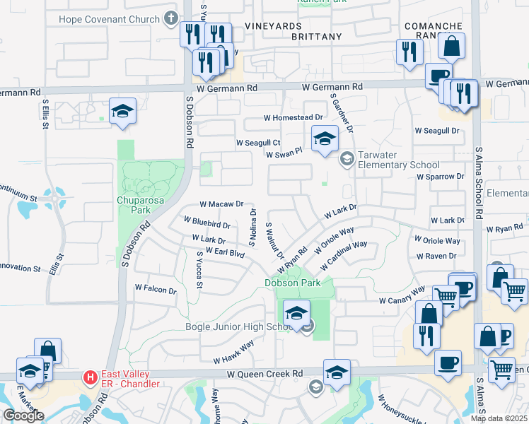 map of restaurants, bars, coffee shops, grocery stores, and more near 2370 South Walnut Drive in Chandler