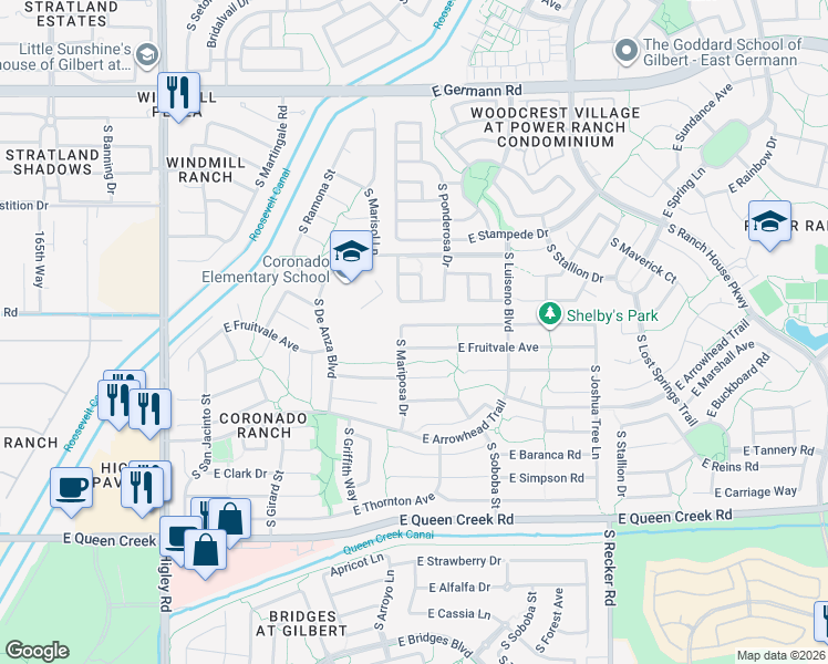 map of restaurants, bars, coffee shops, grocery stores, and more near 3675 East Esplanade Avenue in Gilbert