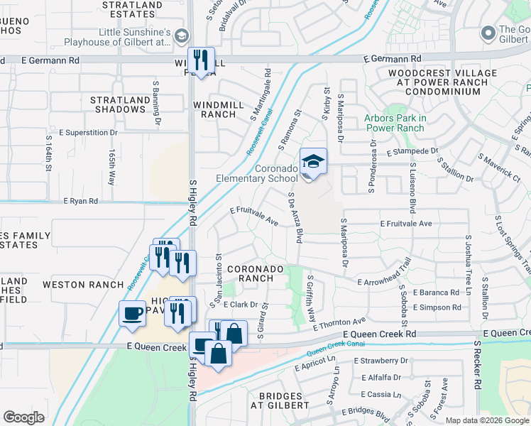 map of restaurants, bars, coffee shops, grocery stores, and more near 3455 East Esplanade Court in Gilbert