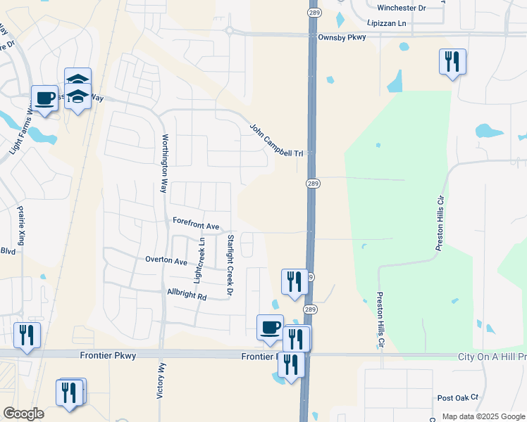 map of restaurants, bars, coffee shops, grocery stores, and more near 4131 South Preston Road in Prosper