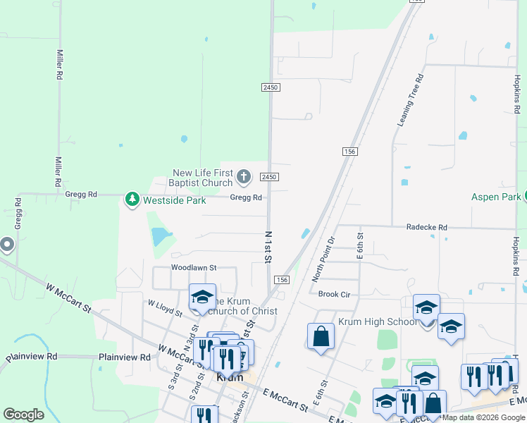 map of restaurants, bars, coffee shops, grocery stores, and more near 2 Rogers Circle in Krum