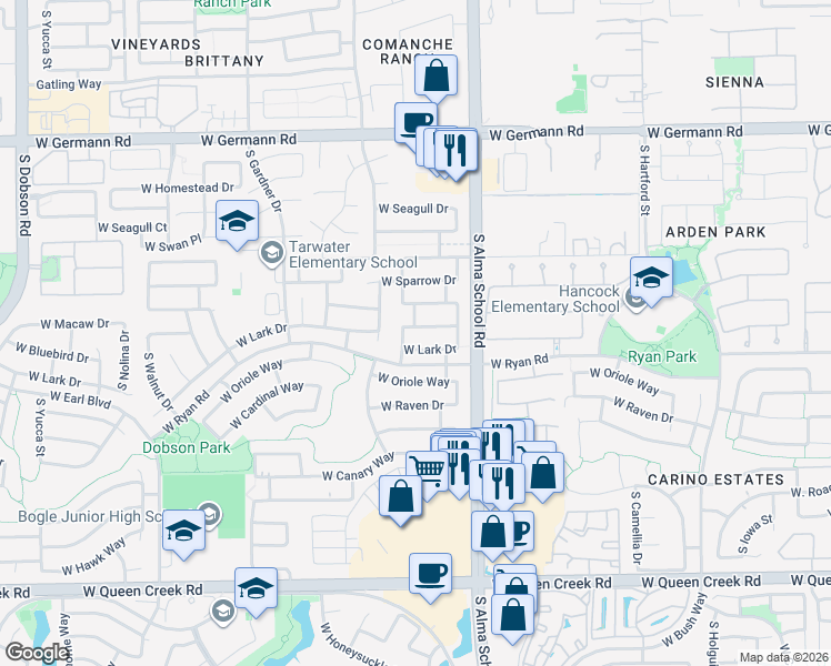 map of restaurants, bars, coffee shops, grocery stores, and more near 1173 West Bluebird Drive in Chandler