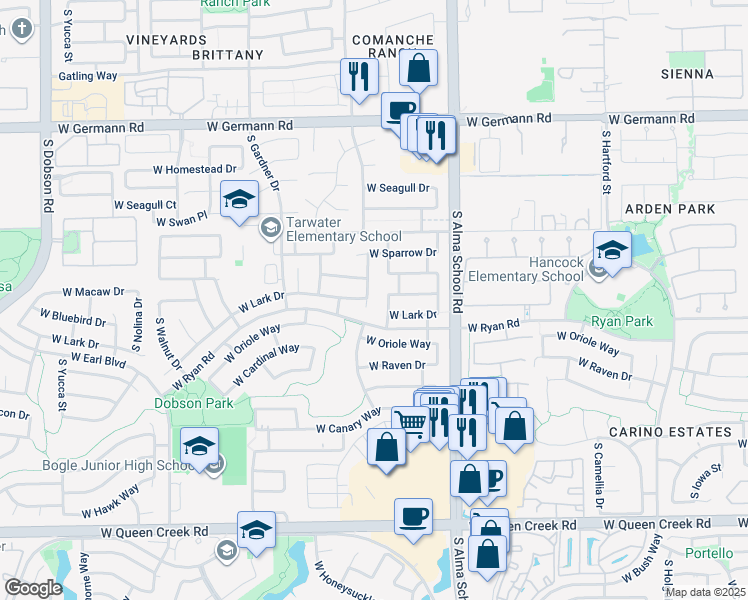 map of restaurants, bars, coffee shops, grocery stores, and more near 2441 South Comanche Drive in Chandler
