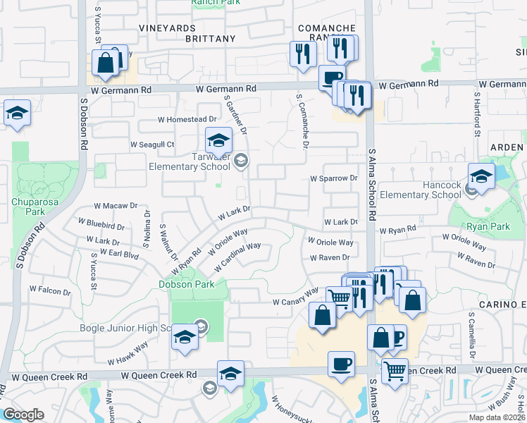 map of restaurants, bars, coffee shops, grocery stores, and more near 1363 West Lark Drive in Chandler