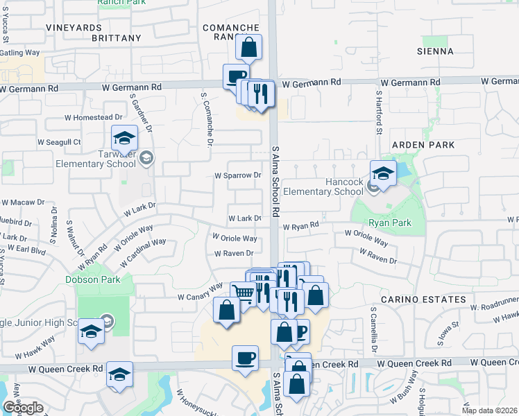 map of restaurants, bars, coffee shops, grocery stores, and more near 1073 West Bluebird Drive in Chandler