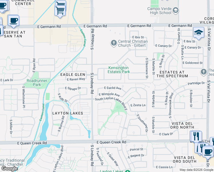 map of restaurants, bars, coffee shops, grocery stores, and more near 882 East Euclid Avenue in Gilbert