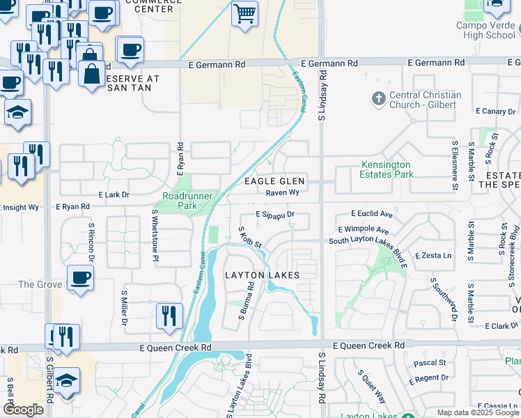 map of restaurants, bars, coffee shops, grocery stores, and more near 604 East Sipapu Drive in Gilbert