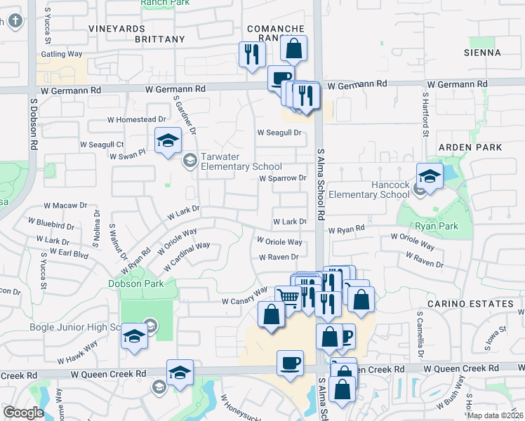 map of restaurants, bars, coffee shops, grocery stores, and more near 2441 South Comanche Drive in Chandler