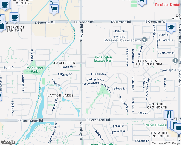 map of restaurants, bars, coffee shops, grocery stores, and more near 882 East Euclid Avenue in Gilbert