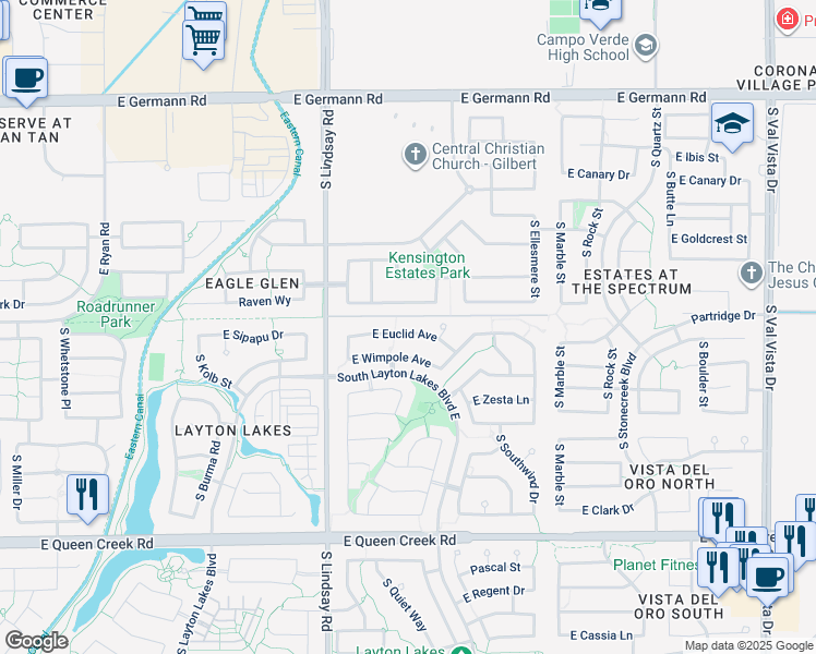 map of restaurants, bars, coffee shops, grocery stores, and more near 948 East Euclid Avenue in Gilbert