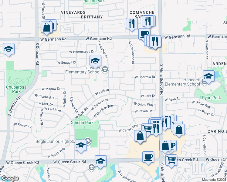 map of restaurants, bars, coffee shops, grocery stores, and more near 1357 West Lark Drive in Chandler