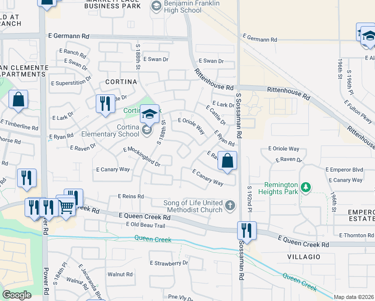 map of restaurants, bars, coffee shops, grocery stores, and more near 19740 South 190th Drive in Queen Creek