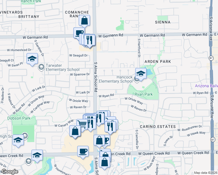 map of restaurants, bars, coffee shops, grocery stores, and more near 882 West Bluebird Drive in Chandler