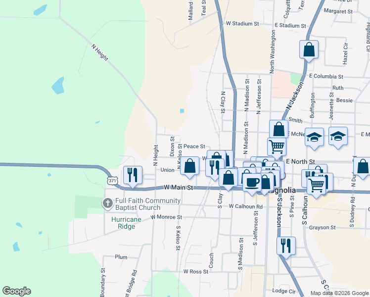 map of restaurants, bars, coffee shops, grocery stores, and more near 619 Peace Street in Magnolia