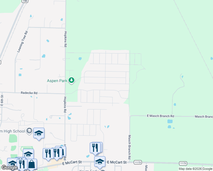 map of restaurants, bars, coffee shops, grocery stores, and more near 5200 Mountain View Drive in Krum