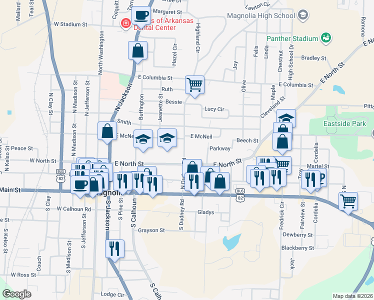 map of restaurants, bars, coffee shops, grocery stores, and more near 400 South Dudney Road in Magnolia
