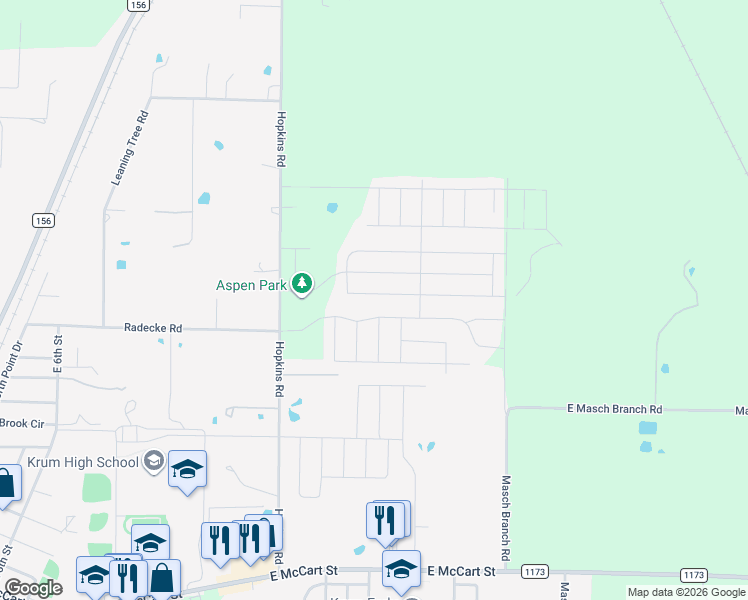 map of restaurants, bars, coffee shops, grocery stores, and more near 5120 Mountain View Drive in Krum