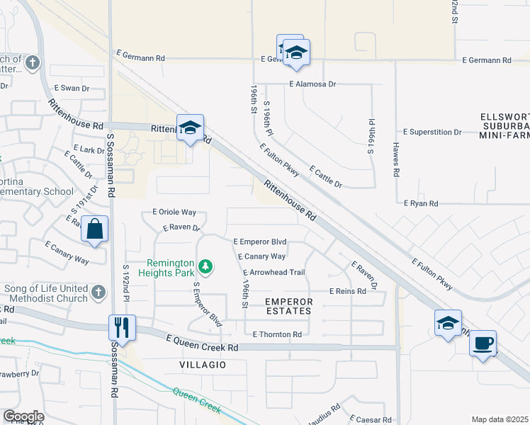 map of restaurants, bars, coffee shops, grocery stores, and more near 19667 East Oriole Way in Queen Creek