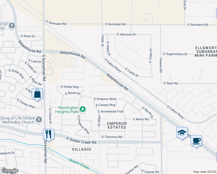 map of restaurants, bars, coffee shops, grocery stores, and more near 19667 East Oriole Way in Queen Creek