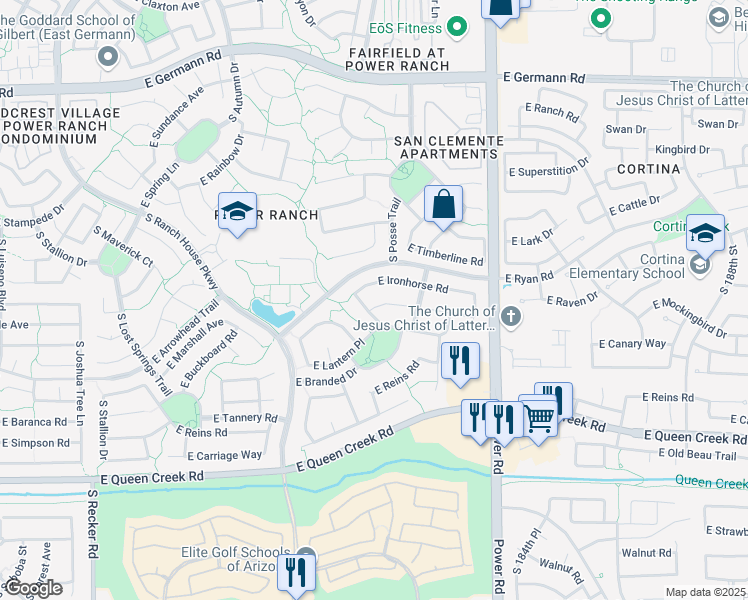 map of restaurants, bars, coffee shops, grocery stores, and more near 4580 East Buckboard Court in Gilbert