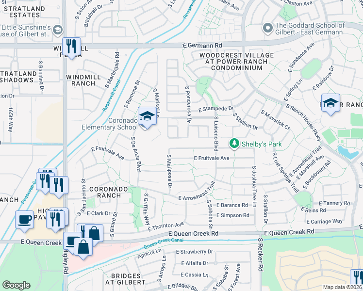 map of restaurants, bars, coffee shops, grocery stores, and more near 3675 East Esplanade Avenue in Gilbert