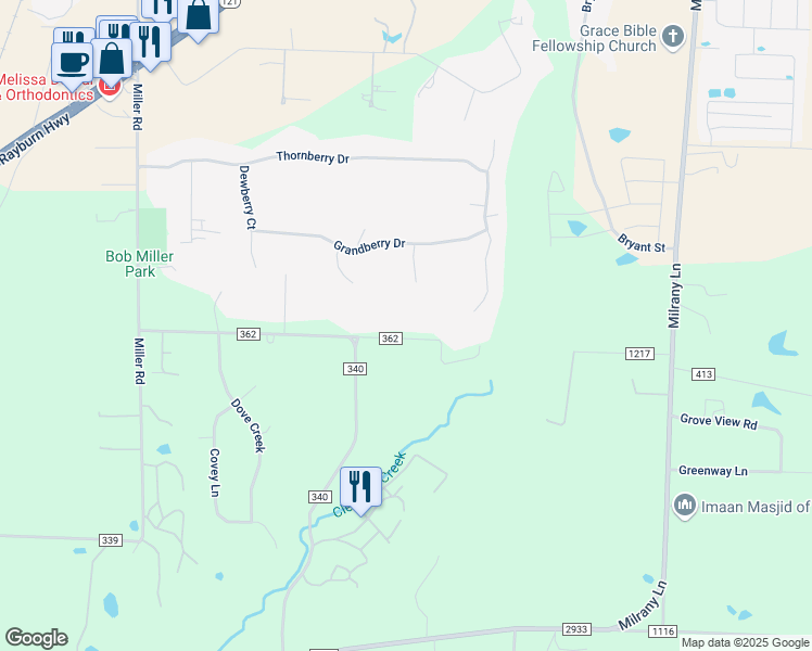 map of restaurants, bars, coffee shops, grocery stores, and more near 2125 County Road 362 in Melissa