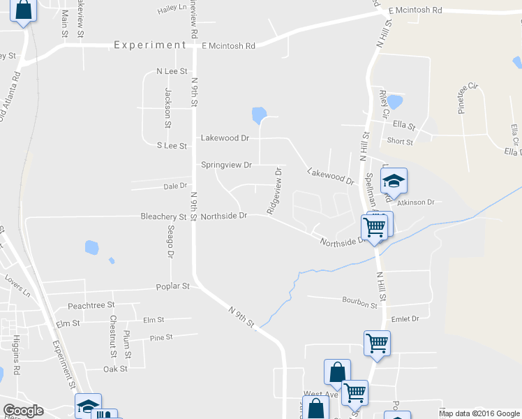 map of restaurants, bars, coffee shops, grocery stores, and more near 505 Northside Drive in Griffin