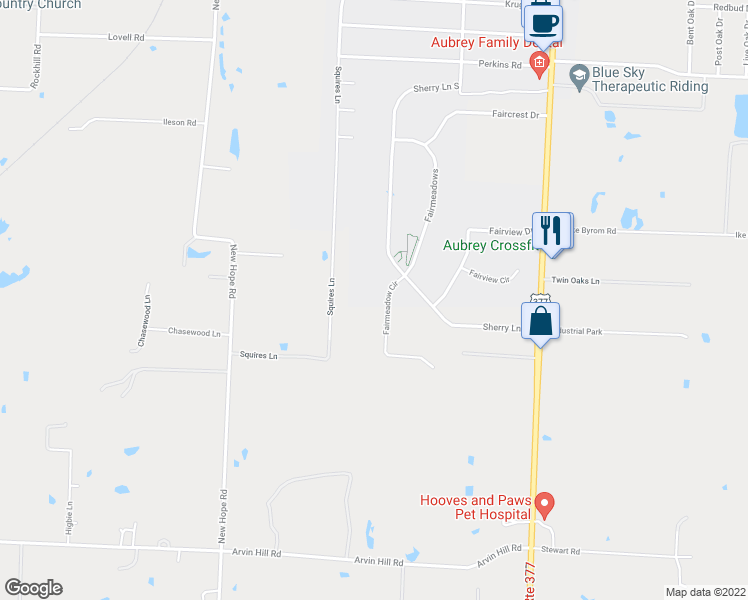 map of restaurants, bars, coffee shops, grocery stores, and more near 802 Fairmeadow Circle in Krugerville