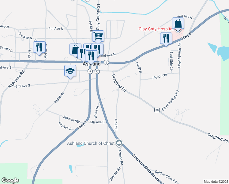 map of restaurants, bars, coffee shops, grocery stores, and more near 98 4th Street East in Ashland