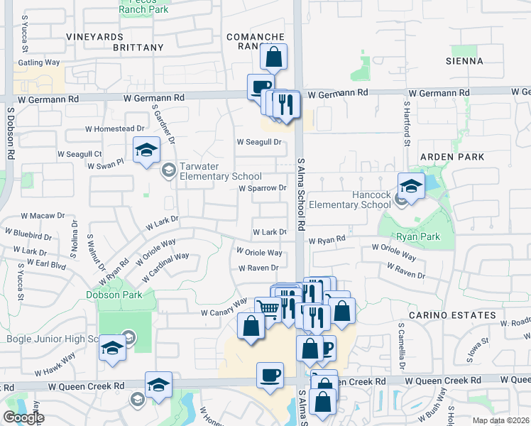 map of restaurants, bars, coffee shops, grocery stores, and more near 1173 West Bluebird Drive in Chandler