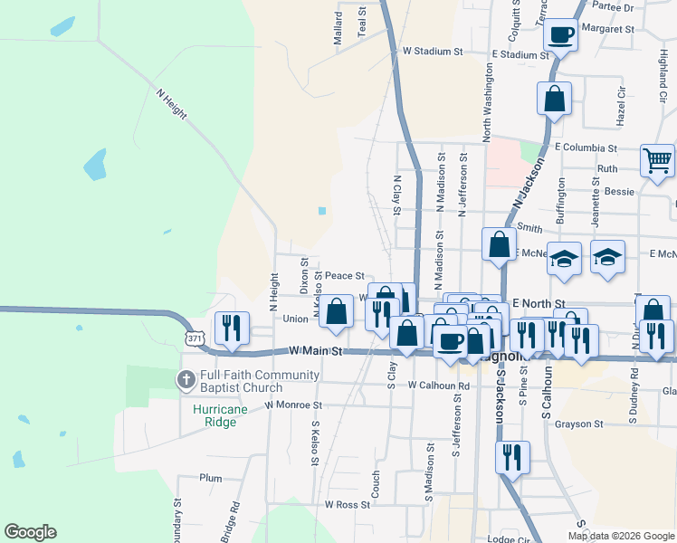 map of restaurants, bars, coffee shops, grocery stores, and more near 619 Peace Street in Magnolia