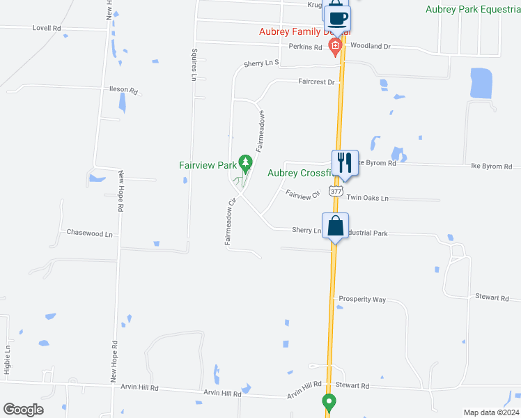 map of restaurants, bars, coffee shops, grocery stores, and more near 845 Fairview Drive in Krugerville