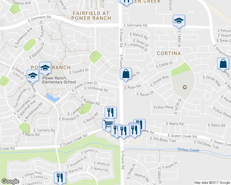 map of restaurants, bars, coffee shops, grocery stores, and more near 4798 East Ironhorse Road in Gilbert