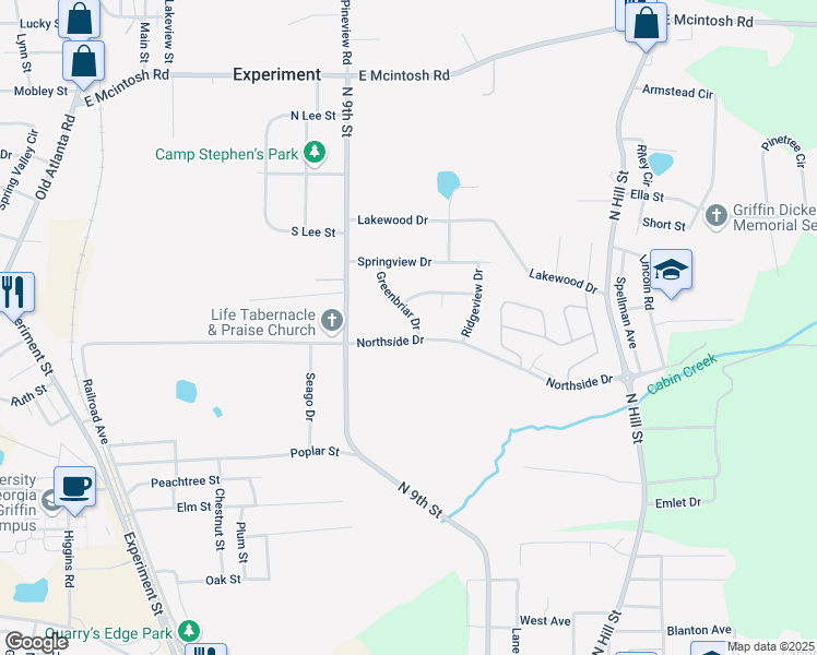 map of restaurants, bars, coffee shops, grocery stores, and more near 1303 Greenbriar Drive in Griffin