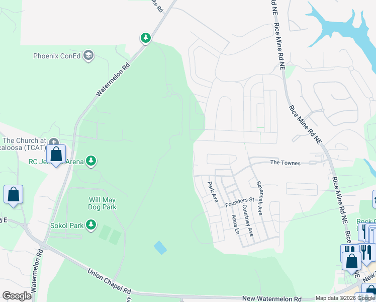 map of restaurants, bars, coffee shops, grocery stores, and more near 5740 Alexander Avenue in Tuscaloosa