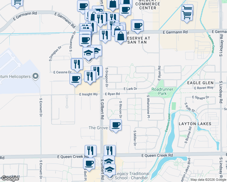 map of restaurants, bars, coffee shops, grocery stores, and more near 3082 East Oriole Way in Chandler